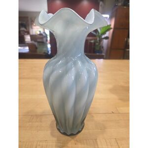Vintage Fenton Gray White Slag Swirl Glass Ruffled Vase 11" Rose Crest MCM